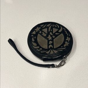 Lucky Brand Suede Leather Round Peace Sign Symbol Coin Purse Wristlet Black Grey